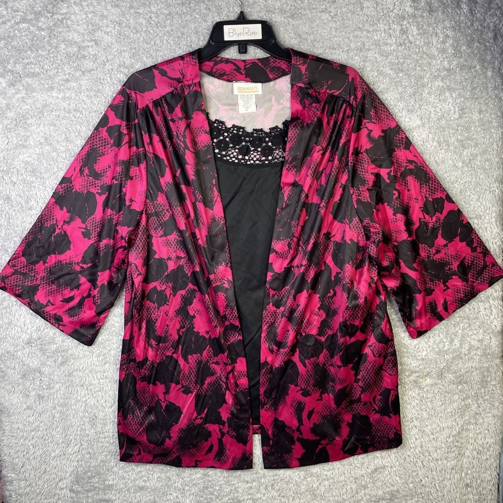 VTG Roaman's Women's Night Blouse Lingerie Nylon Lace Pink & Black Size Large